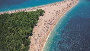 Vista aérea de una playa con un bosque denso a un lado y un mar azul y transparente al otro.