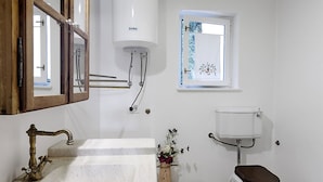 Shower, hair dryer, towels