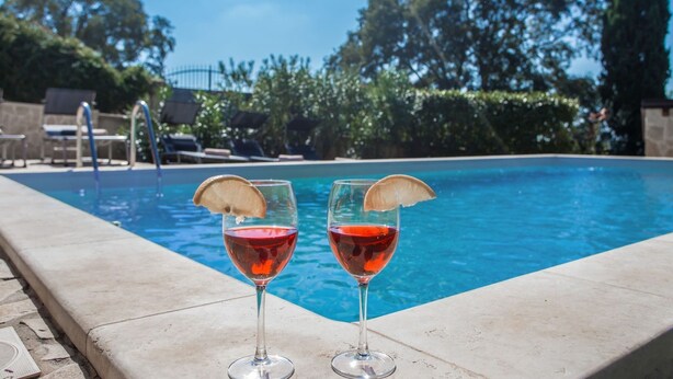 Two glasses of red wine with lemon slices on a poolside. - Adorable Holiday Home With Private Swimming Pool & Terrace (Visnjan)