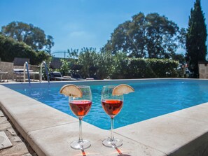 Two glasses of red wine with lemon slices on a poolside. - Adorable Holiday Home With Private Swimming Pool & Terrace (Visnjan)