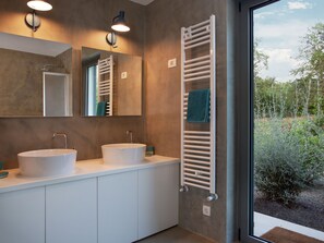 Villa | Bathroom | Combined shower/bathtub, hair dryer, towels - Modern Villa on the East Coast of Istria - Nature, Privacy and Great Beaches Nearby (Sveta Nedelja)