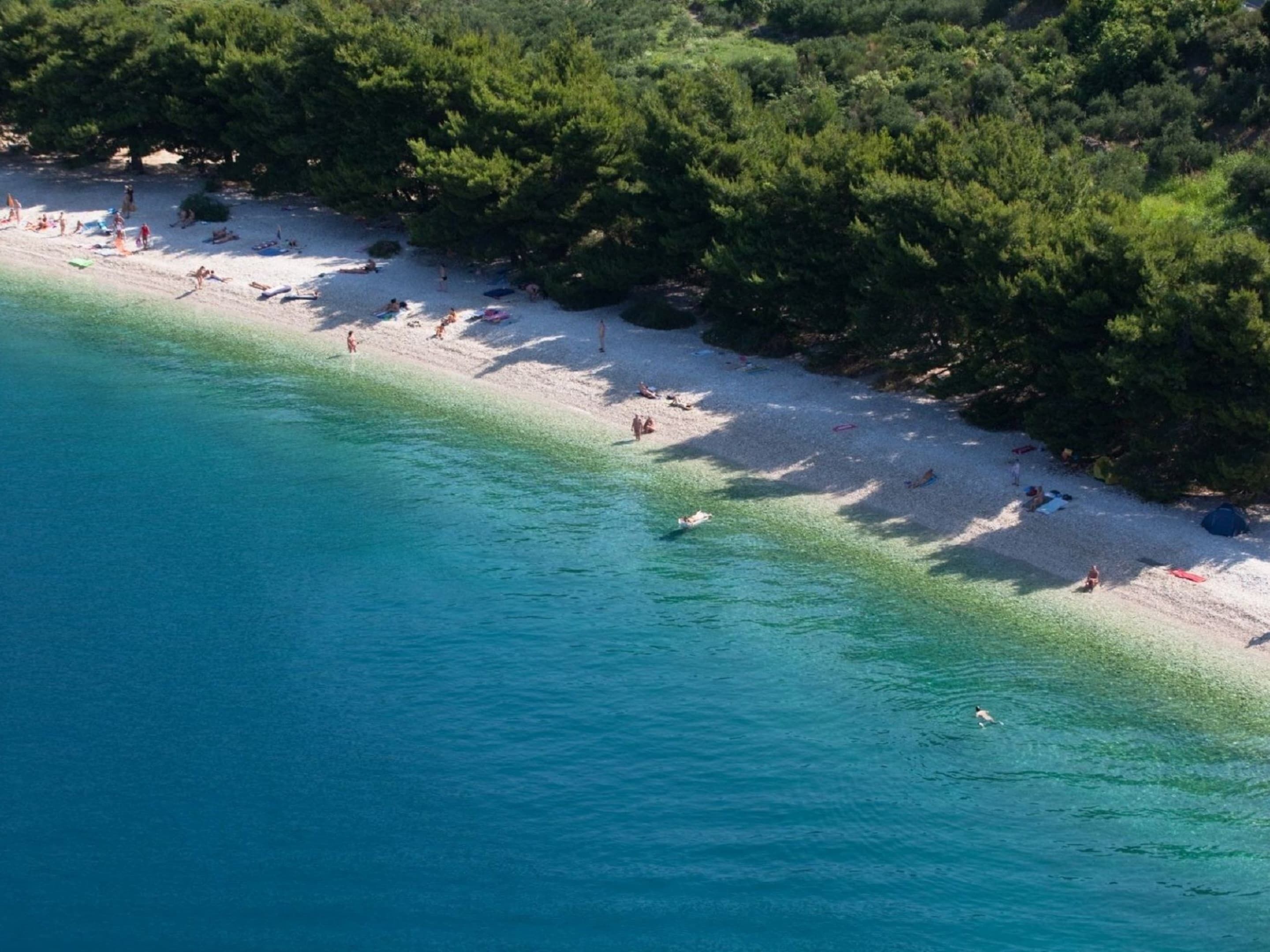 An aerial view of a beach with clear turquoise waters, surrounded by dense green foliage.
