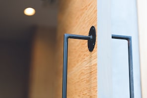 A close-up of a wooden door with a black metal handle and a visible hinge.