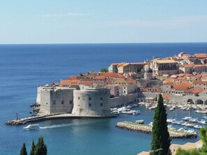 A coastal cityscape with historic architecture, a fortified castle, and a marina with boats.