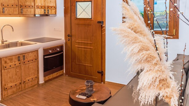 A compact living space with wooden cabinetry, a kitchenette, a sofa, and a decorative plant. - Purple Suite (Mykonos)