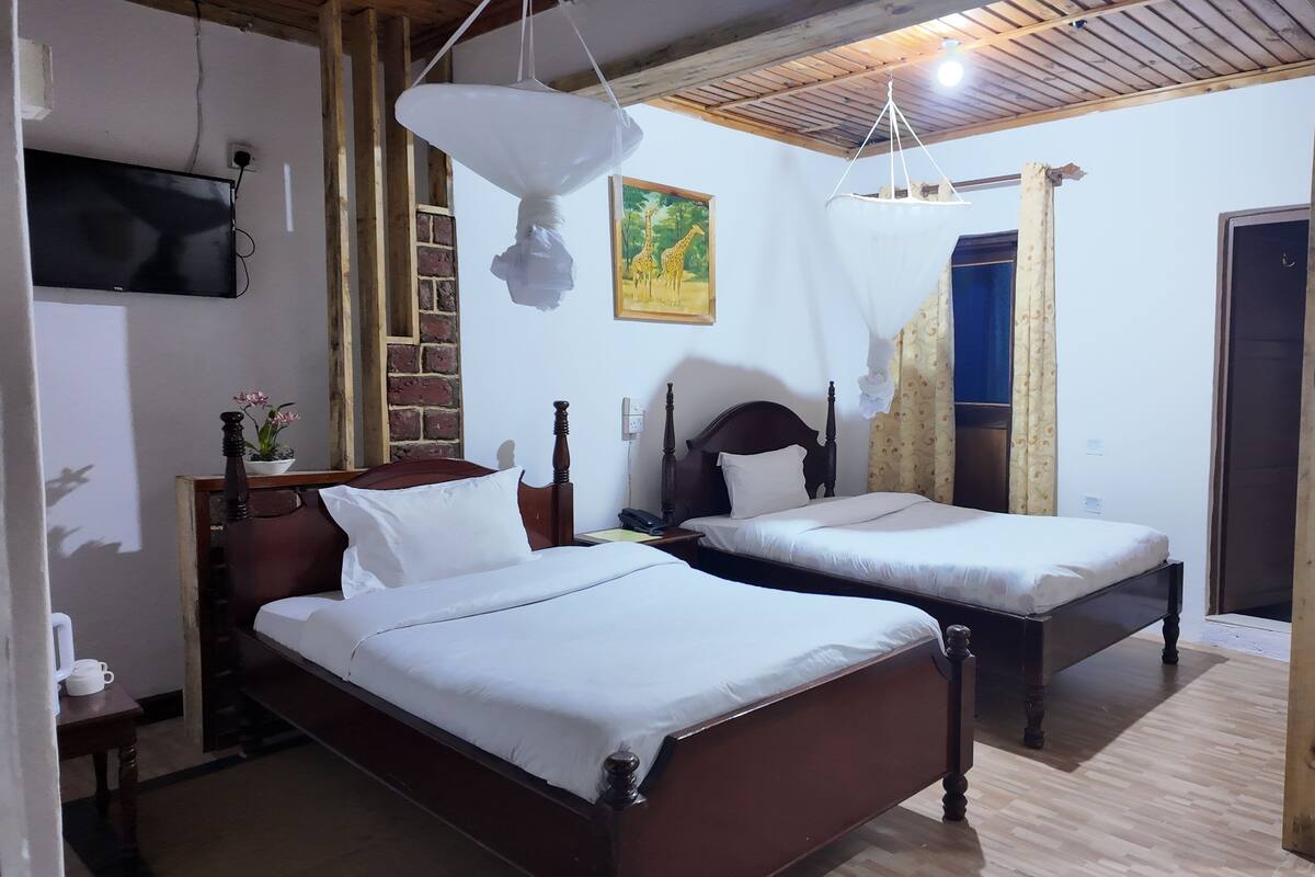 A room with two wooden beds, a TV, a hanging light fixture, and a painting of giraffes.