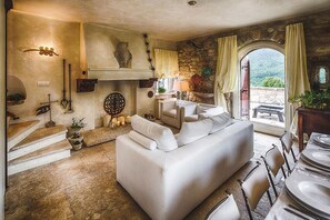 Smart TV, fireplace, books