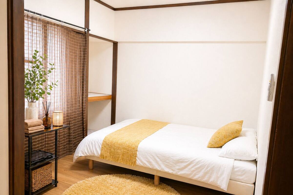 A bedroom with a bed, a bedside table with a lamp, a plant, and a window with curtains.