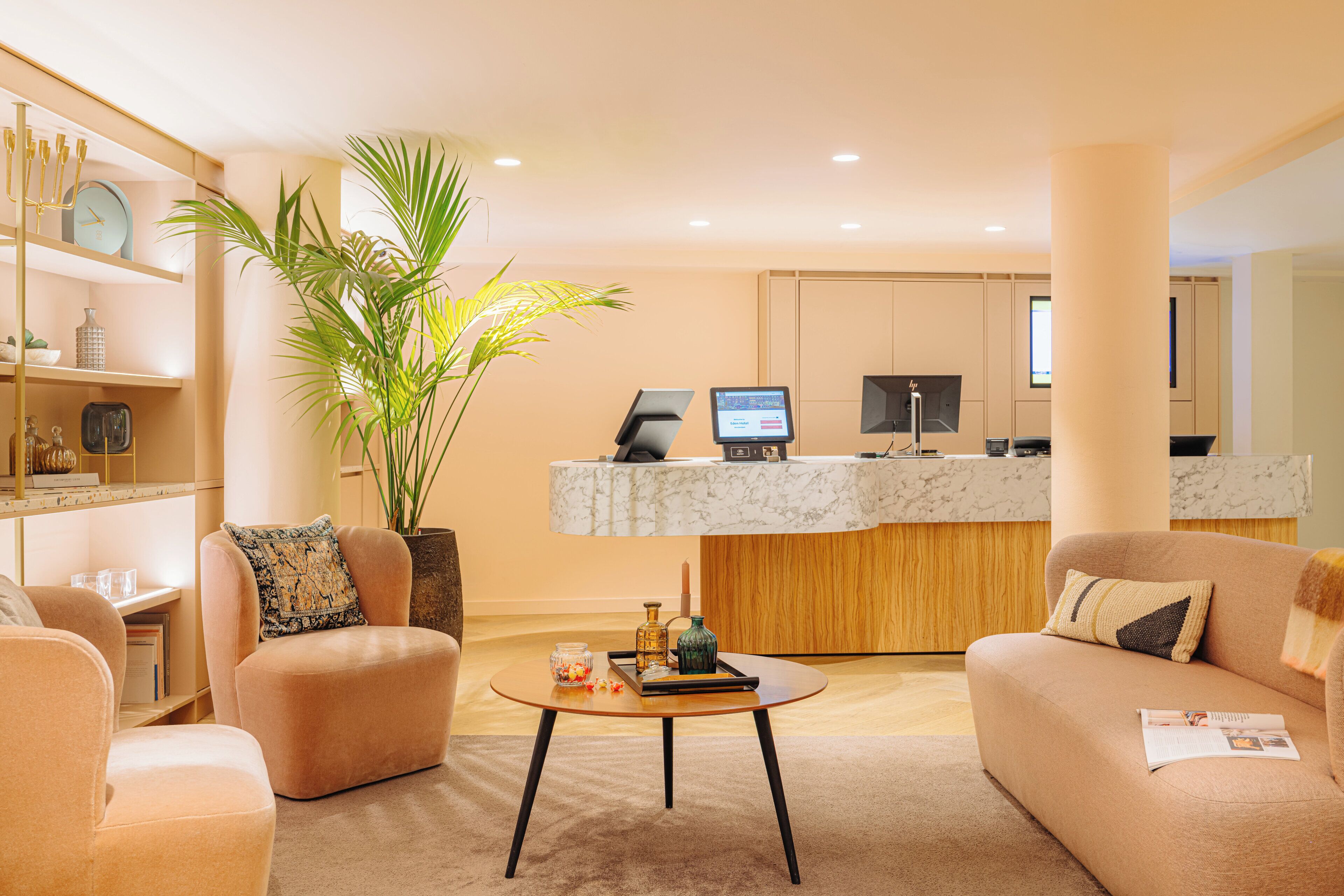 A modern living room with a sofa, armchair, coffee table, and a large plant.