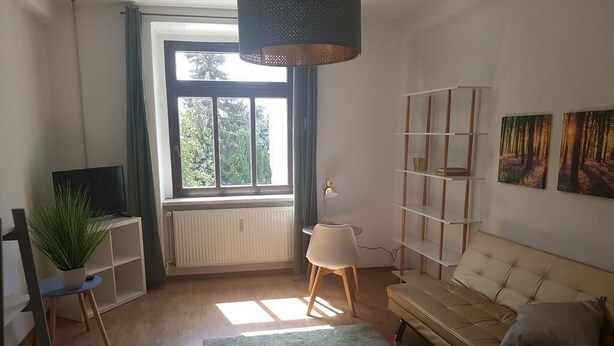 Ein Wohnzimmer mit einer Couch, einem Fernseher, einem Bücherregal, einer Pflanze und einem Fenster mit Vorhängen.
