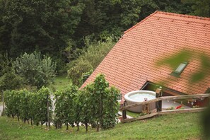 Un edificio con techo de tejas rojas, rodeado de abundante vegetación y árboles.