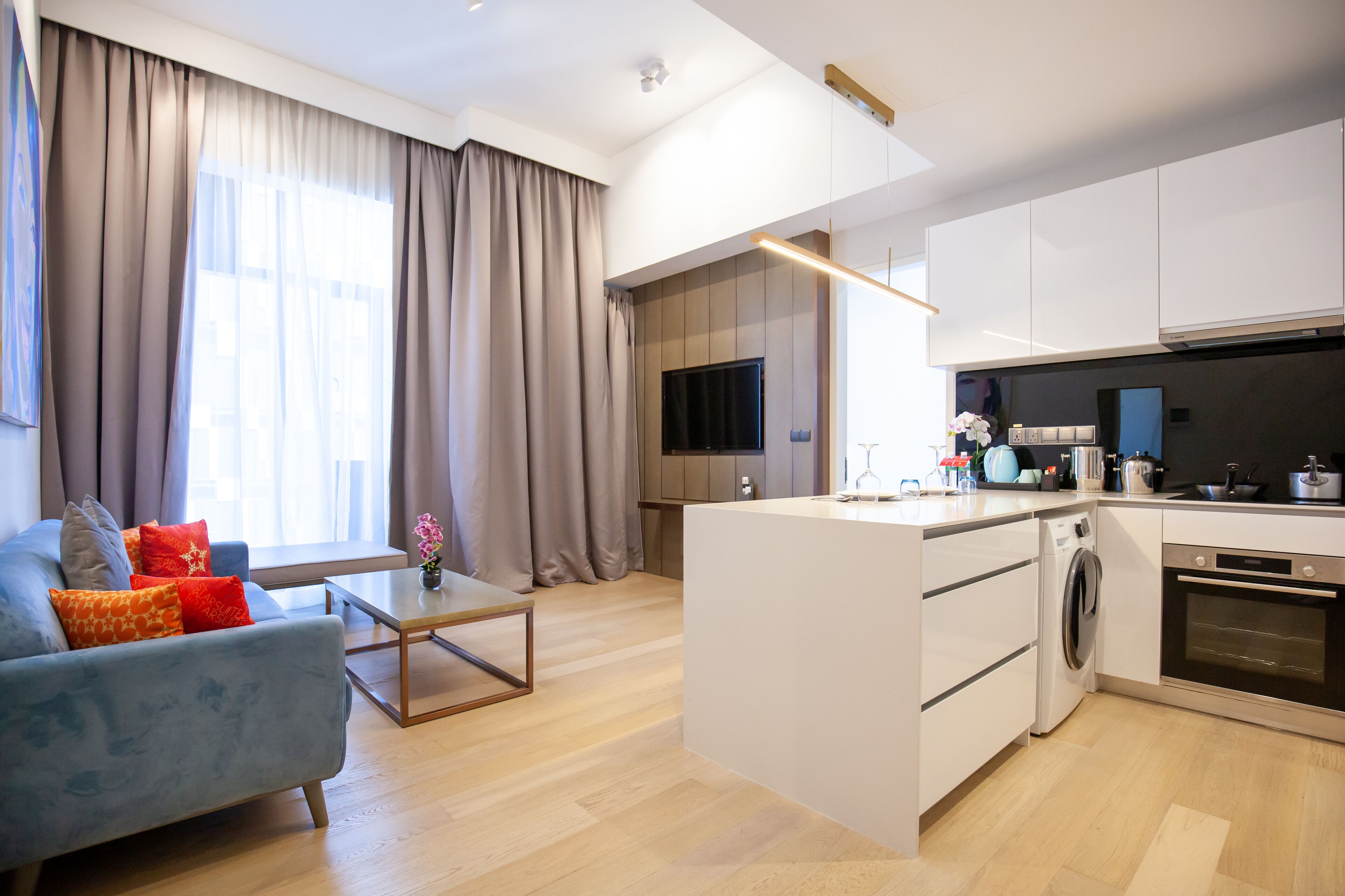 Un salon moderne comprenant un canapé, une table basse et un coin cuisine équipé d’un lave-linge et d’un four.