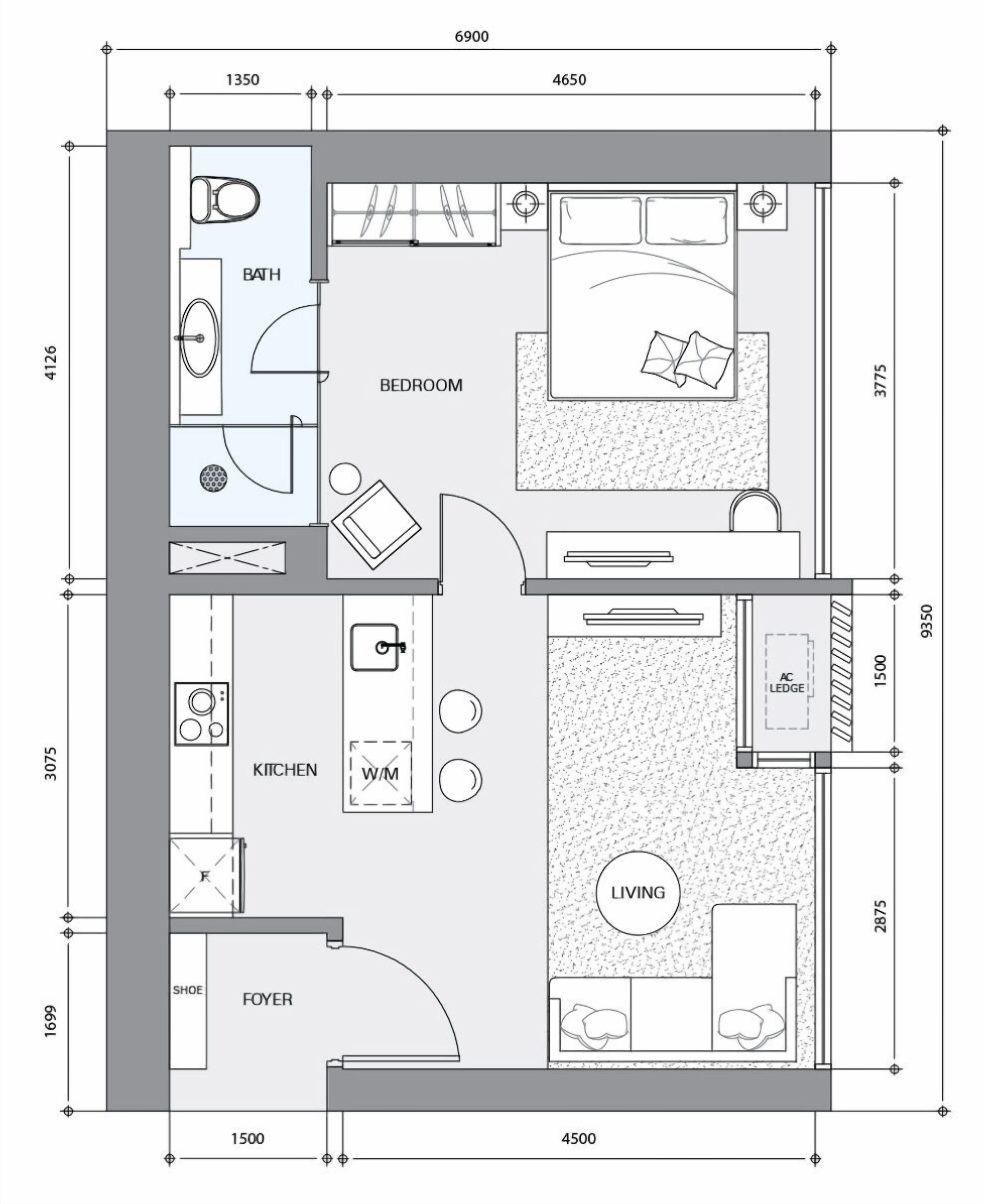 Plano de planta de un apartamento de dos habitaciones, con cocina, baño, sala de estar y vestíbulo.