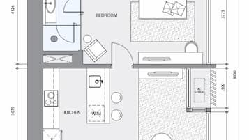 Plano de planta de un apartamento de dos habitaciones, con cocina, baño, sala de estar y vestíbulo.