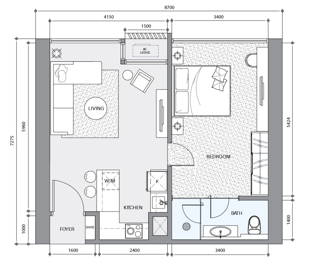 Plano de planta de un hotel que muestra una sala de estar, dormitorio, cocina, baño, recibidor y zona para zapatos.