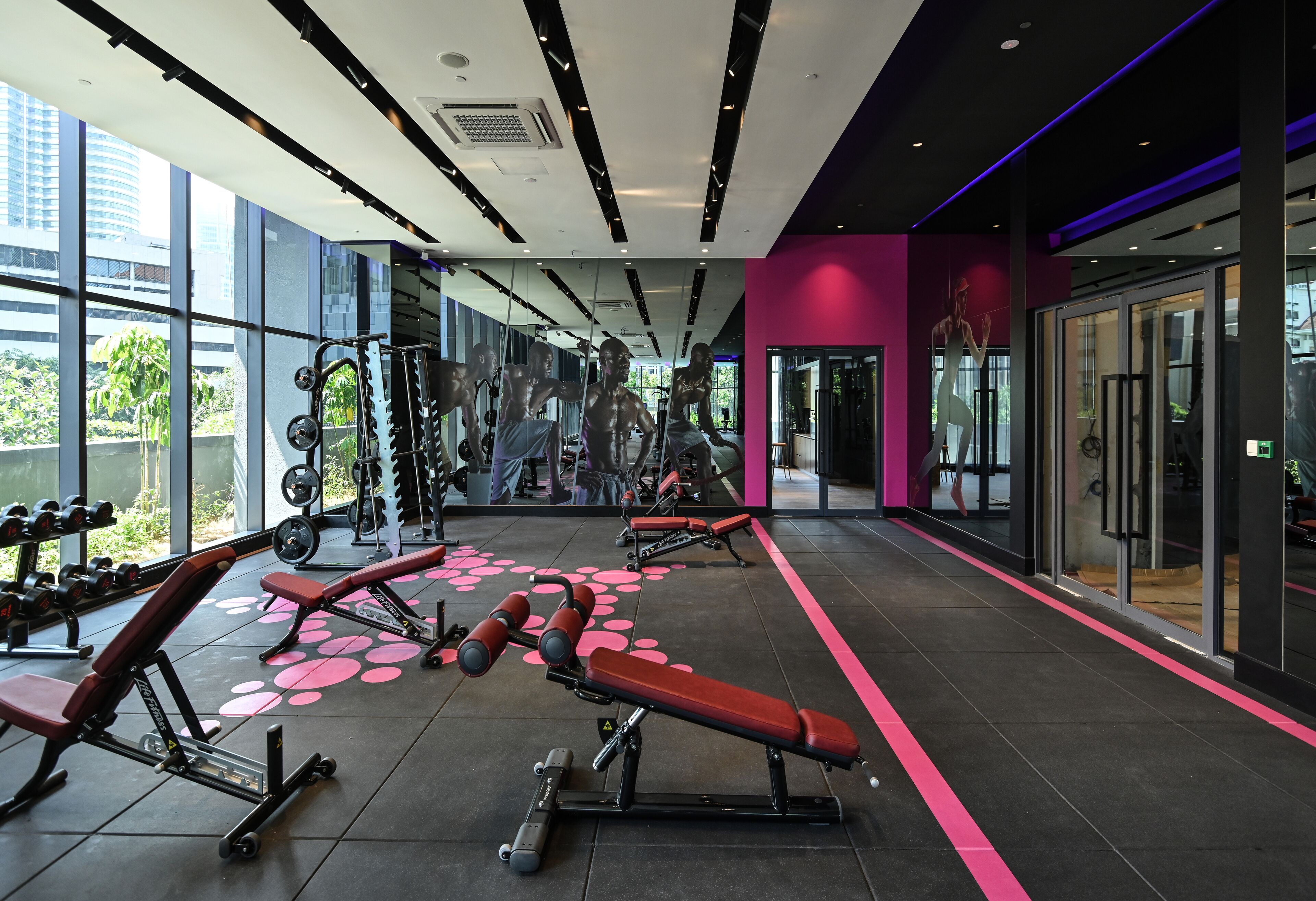 Un gimnasio moderno con equipo de levantamiento de pesas, ventanas amplias y una paleta de colores vibrante.
