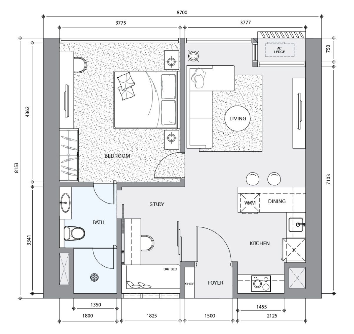 A floor plan of a hotel room with a bedroom, bathroom, study, dining area, kitchen, and living area.