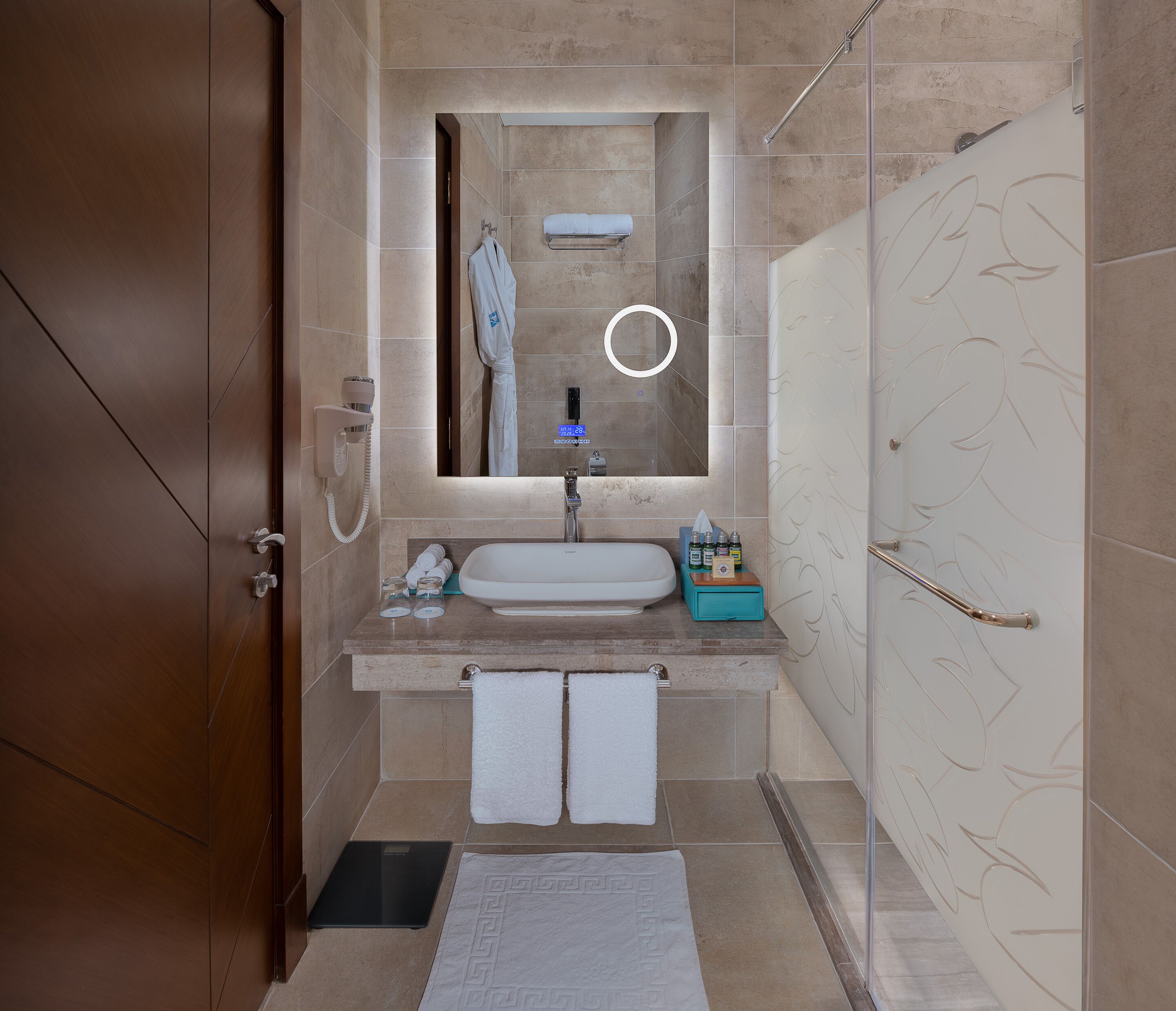 shower, hair dryer, dressing gowns, slippers