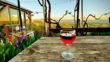 Una copa de vino tinto sobre una mesa de madera, con vistas a un viñedo y una casa al fondo.