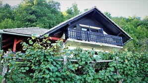 A wooden house with a balcony, surrounded by lush greenery. - Vineyard Cottage Zajc (Semic)