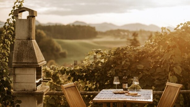 An outdoor seating area with a stone-built grill, two wooden chairs, and a table set with a wine glass, a bottle, and a bowl of grapes. - Vineyard cottage Zdolšek (Šmarje pri Jelšah)