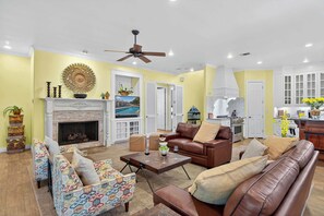 Smart TV, fireplace, books