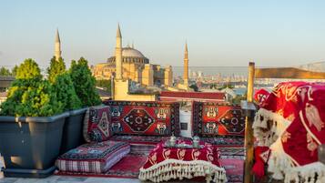 A rooftop terrace with potted plants, traditional rugs, and a view of a mosque with minarets.