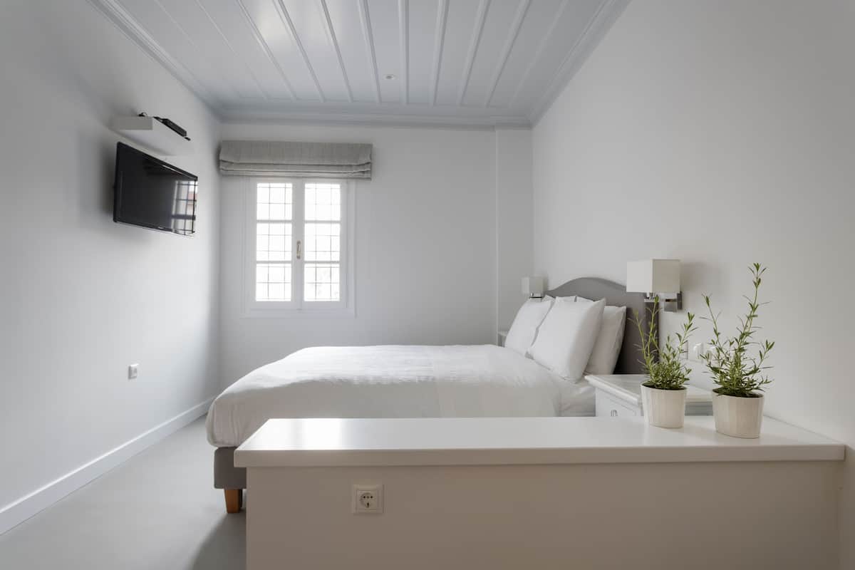 A minimalist bedroom with a bed, bedside tables, a TV, and two potted plants.