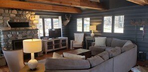 TV, fireplace, DVD player, books