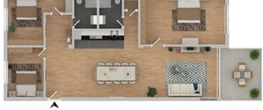 A hotel layout with four bedrooms, a kitchen, a dining area, and a living room.