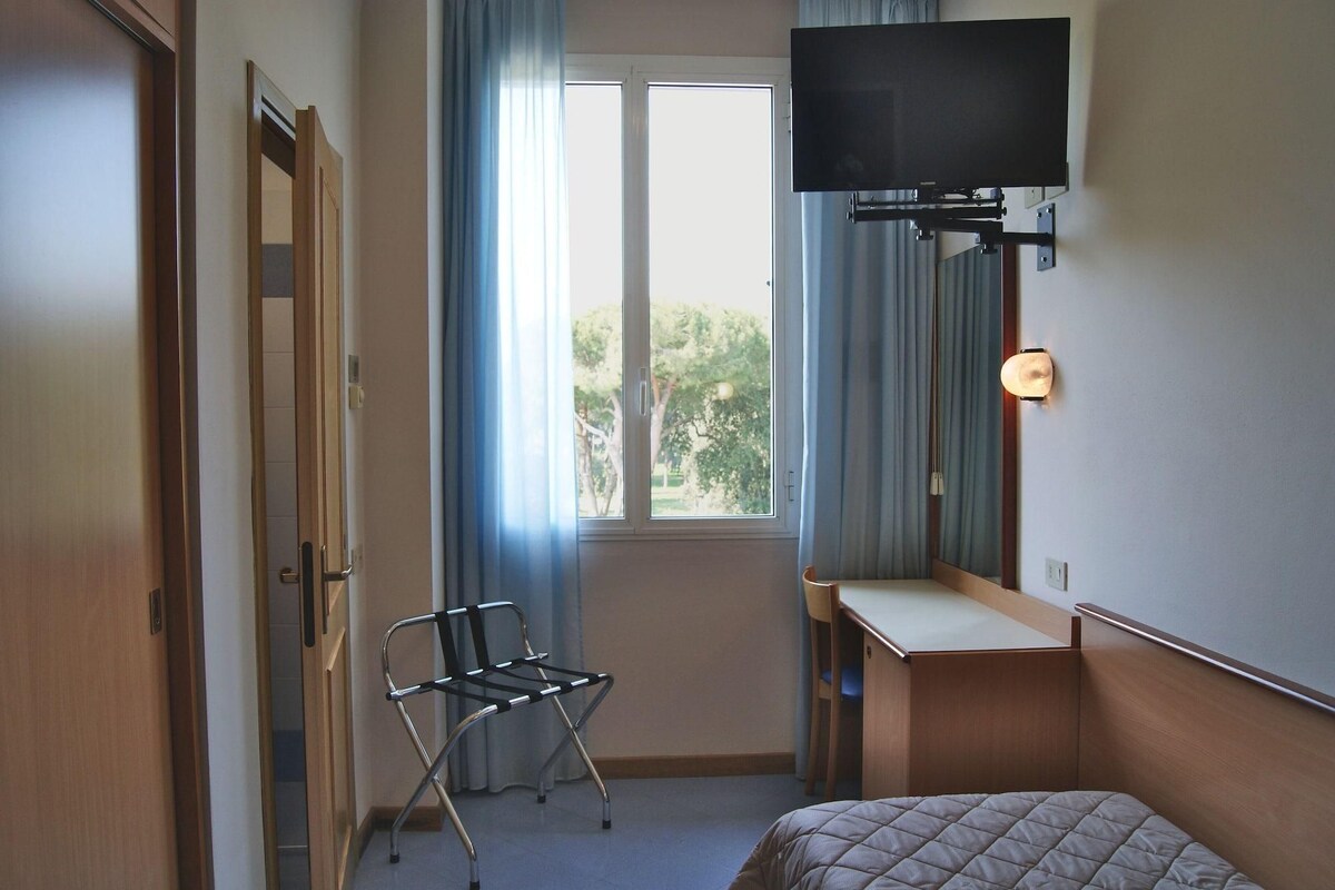 A hotel room with a bed, a desk, a chair, a television, and a window with curtains.