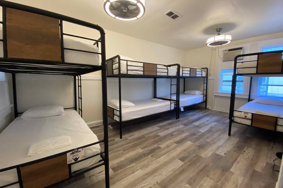 Une chambre de dortoir avec des lits superposés, un plancher en bois et des ventilateurs de plafond.