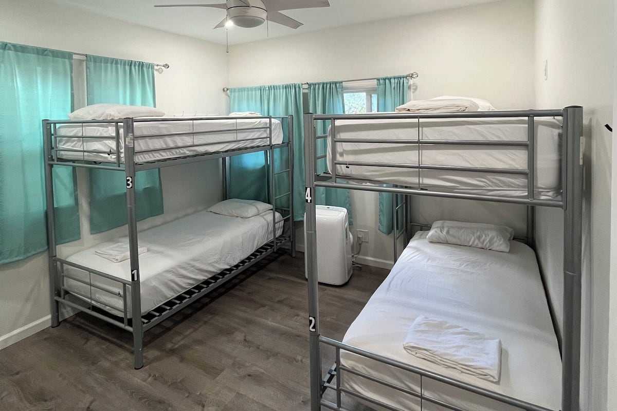Une chambre avec des lits superposés, un ventilateur de plafond et une fenêtre avec des rideaux.