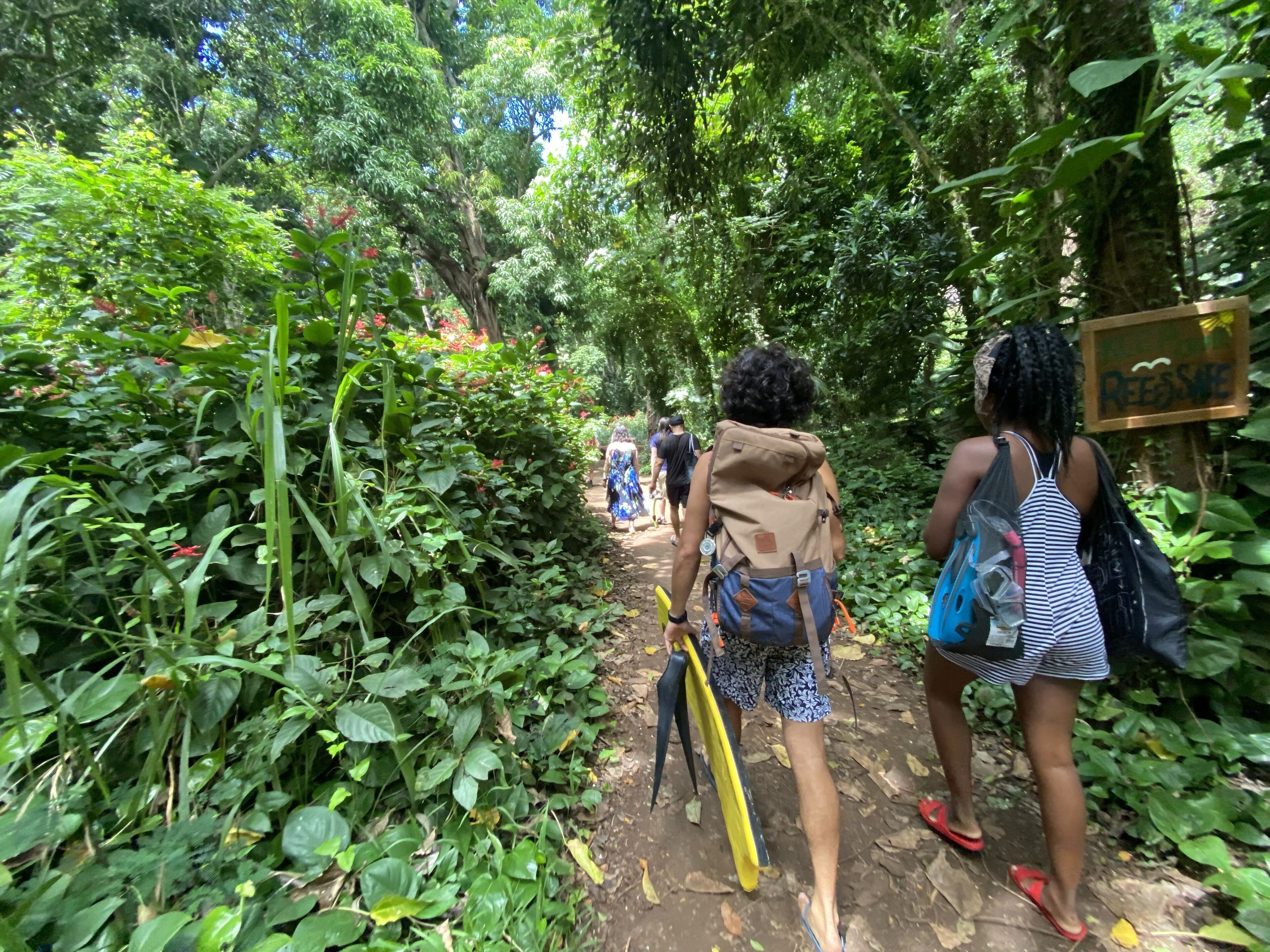 Un sendero arbolado con gente caminando, algunos cargando mochilas y una persona con una bolsa amarilla.