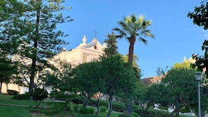 Um jardim bem cuidado com várias árvores e arbustos, céu claro e um edifício com cúpula e pináculo ao fundo.