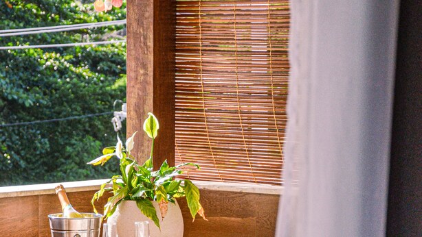 Une salle de bain avec une baignoire, une plante en pot, une bouteille de champagne et deux verres.