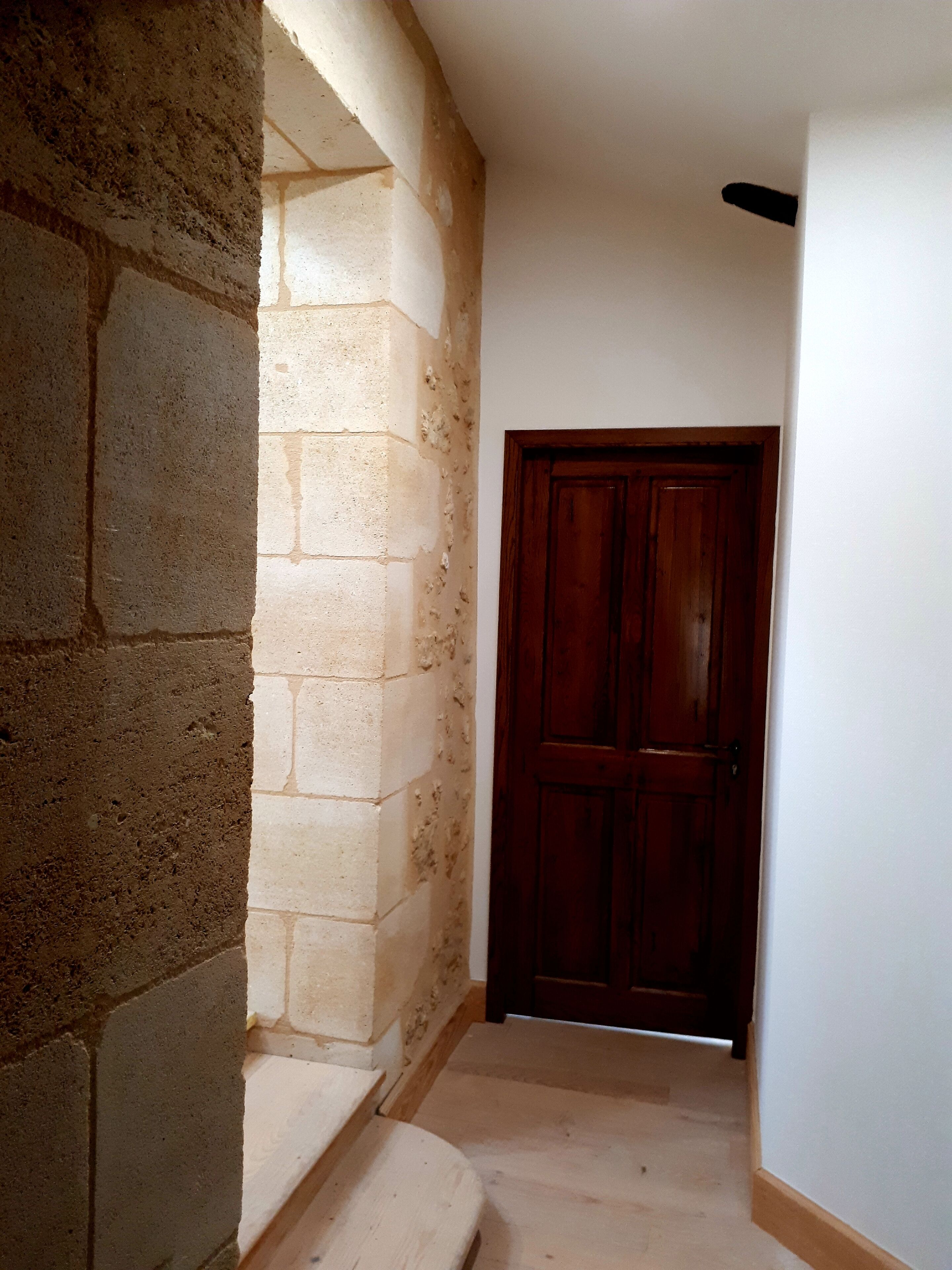 A hallway with a stone wall on one side and a wooden door at the end.