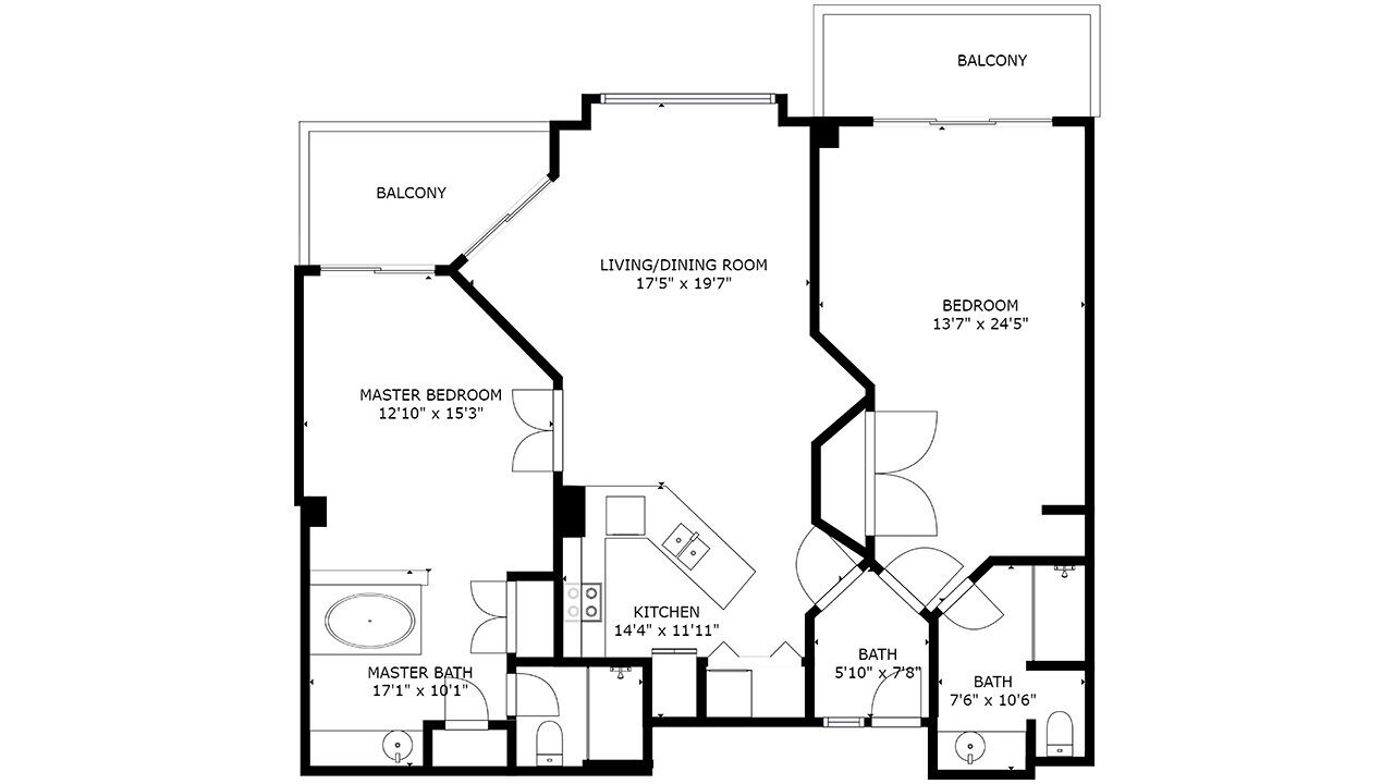 Ein Grundriss eines Hotels mit Hauptschlafzimmer, Master-Bad, Küche, Wohn-/Essbereich, zwei Balkonen und zwei kleineren Bädern.