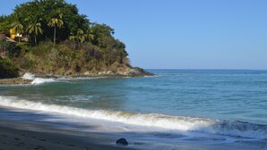 A beach with clear blue water, a sandy shore, and a small island with dense vegetation and palm trees. - Galería Suites San Pancho (San Francisco)