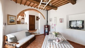 Una sala acogedora con techo de madera, un sofá, un televisor y una chimenea.