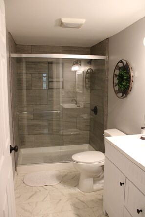 Combined shower/tub, hair dryer, towels, soap