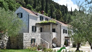 Ein Steinhaus mit rotem Ziegeldach, ein Garten mit einer grünen Rutsche und eine Berglandschaft im Hintergrund.