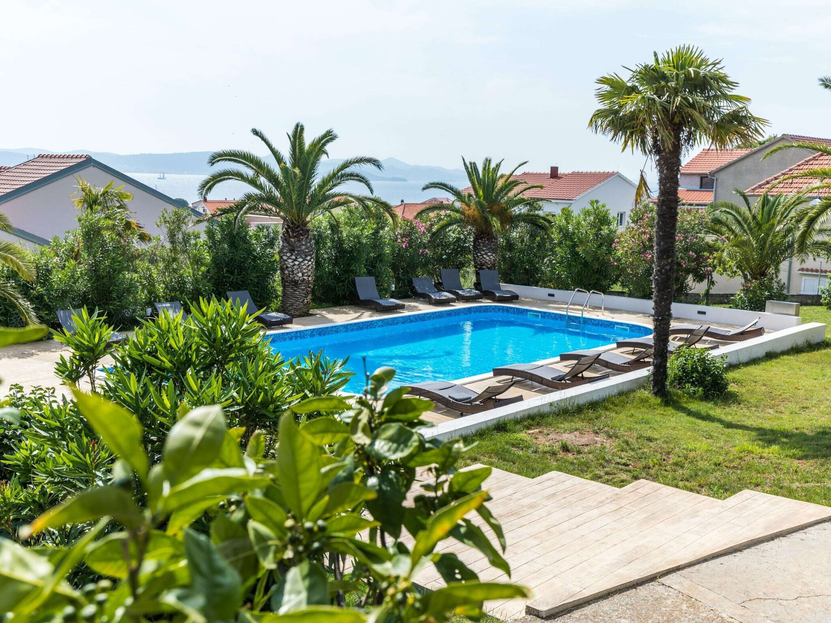 A swimming pool surrounded by palm trees and lounge chairs, with houses in the background.