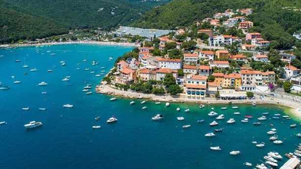 A coastal town with buildings on a hillside overlooking a bay with numerous boats. - Holiday Home in Labin With Private Pool (Labin)