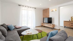 A modern living room with a grey sofa, a coffee table, a TV on a wooden cabinet, and a green rug. - Holiday Home in Labin With Private Pool (Labin)