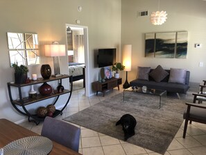 TV, books - WOW RENN! BEAUTIFUL 1 BED/1 BATH CONDO WITH MOUNTAIN VIEWS AND WALKABLE TO TOWN! (Palm Springs)