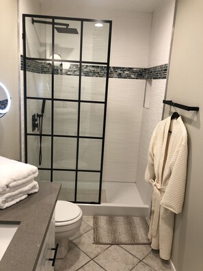 Shower, hair dryer, towels, soap