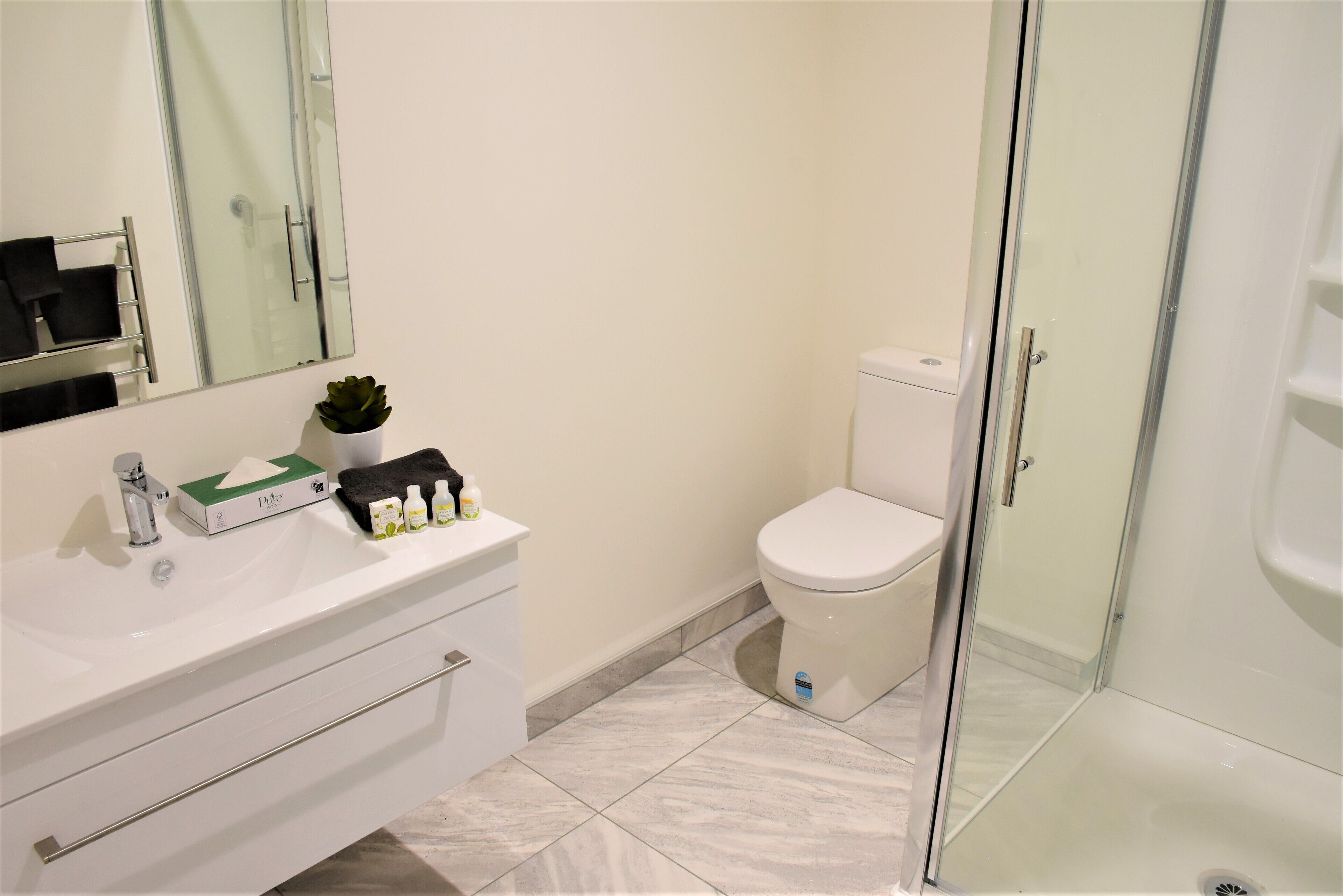 A modern bathroom with a white sink, a mirror, a toilet, and a glass shower enclosure.