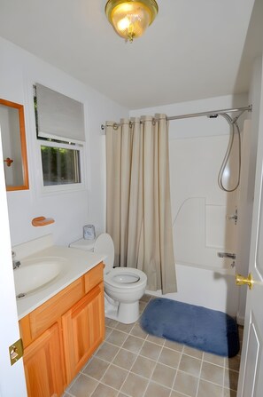 A bathroom with a white sink, wooden cabinets, a toilet, a shower, and a blue bath mat. - Almost Heaven - Cozy and Wonderful (Berkeley Springs)
