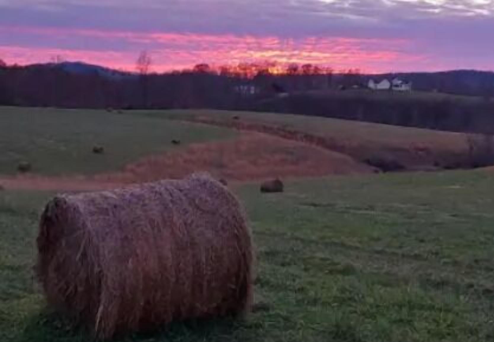 Un hacho de heno en un campo cubierto de hierba, con un atardecer de fondo.